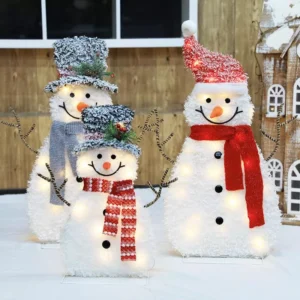Glowing Family of Three Snowman Ornaments