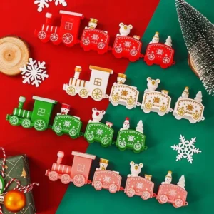Christmas Train Ornaments – Festive Four-Section Wooden Train Decoration